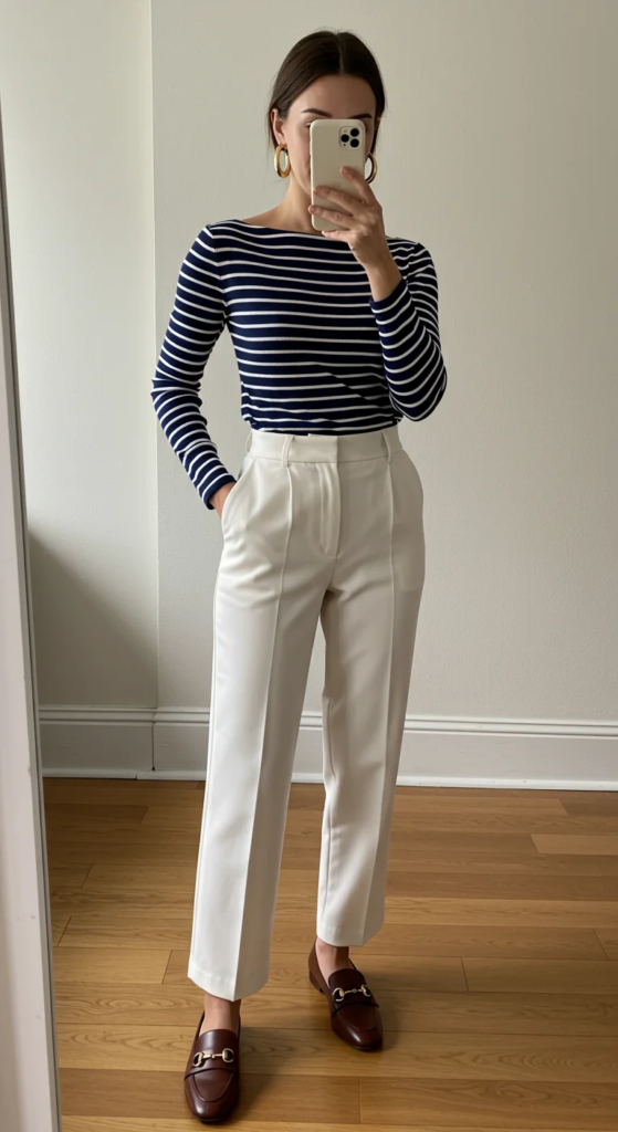 Striped Boatneck Top and White Trousers