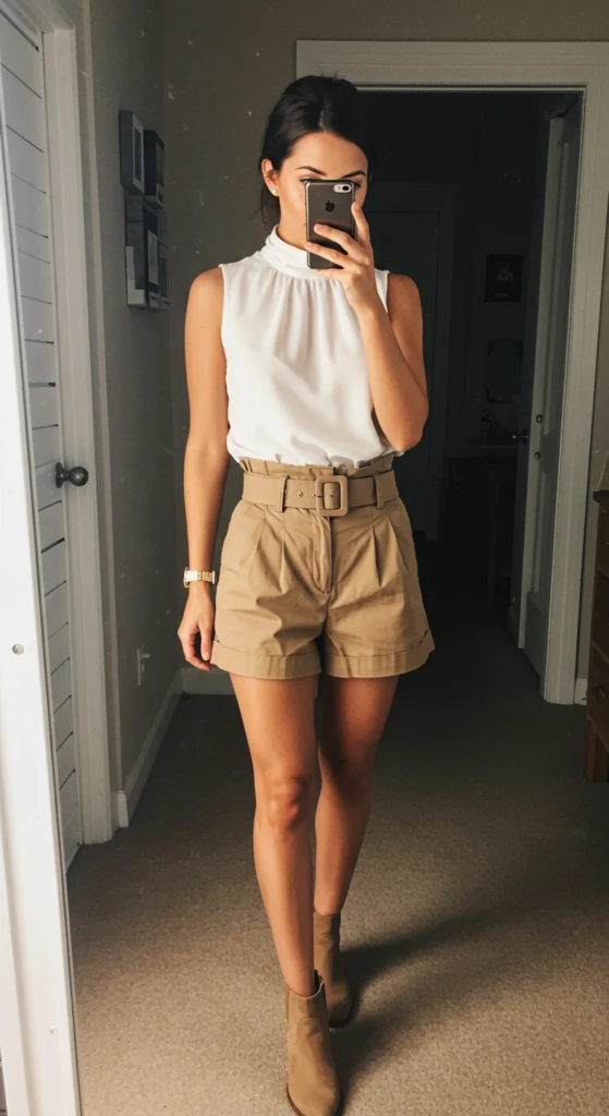 High-Neck Sleeveless Blouse and Paper Bag Waist Shorts