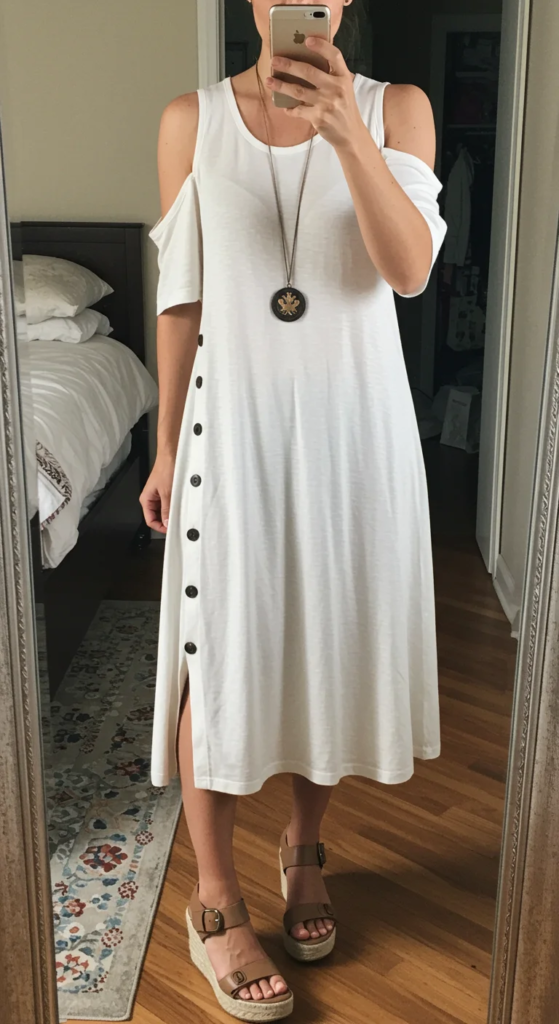 Cold-Shoulder Midi Dress with Side Buttons