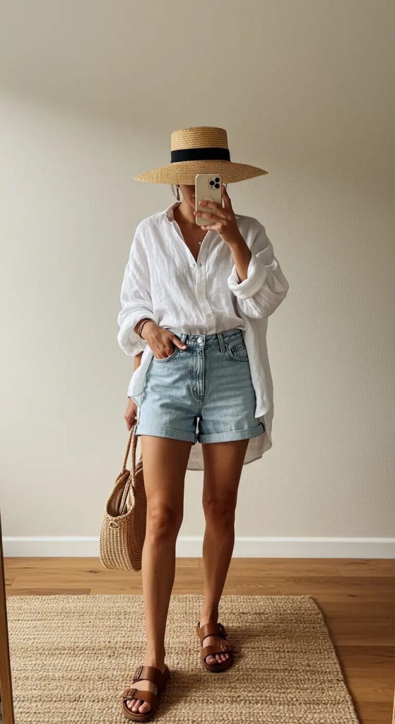 Oversized Linen Shirt and Denim Shorts