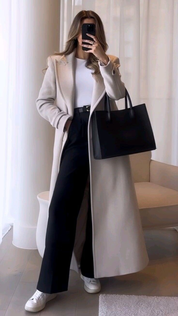 Cream Blazer with Contrast Black Trousers