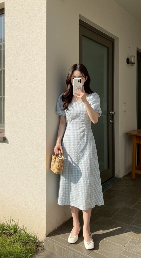 Gingham Midi Dress and Basket Bag