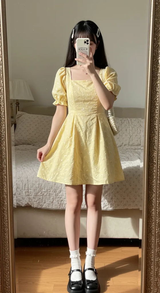 Puff-Sleeve Mini Dress and Ankle Socks
