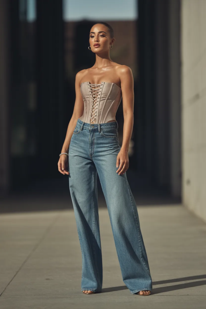 Lace-Up Corset Top and Wide-Leg Jeans
