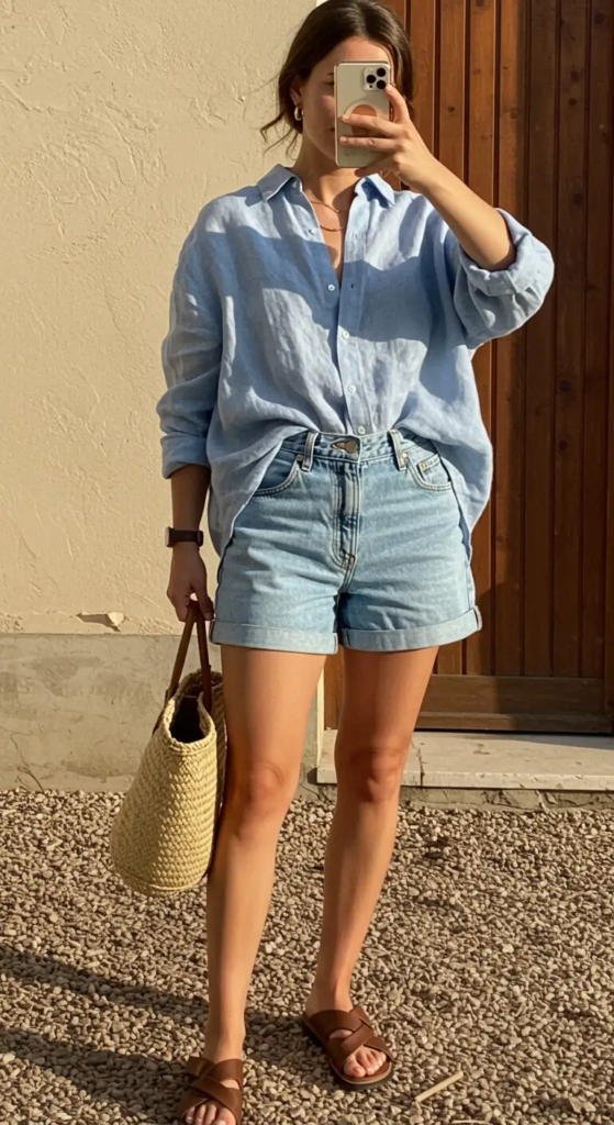 Oversized Linen Shirt and Denim Shorts