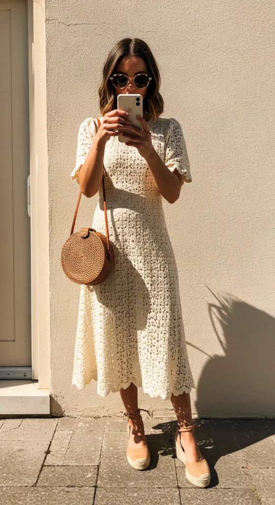Crochet Midi Dress with Espadrille Wedges