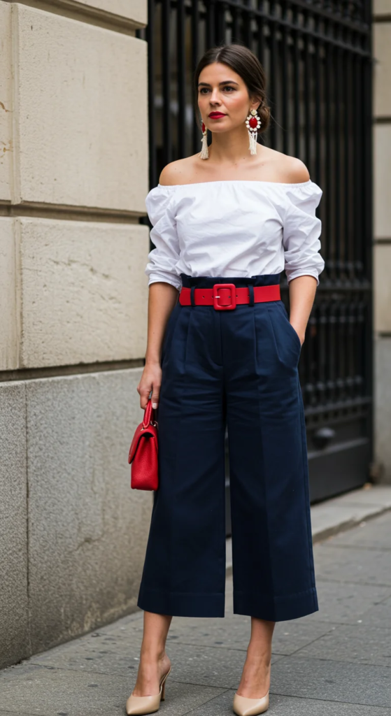 High-Waisted Culottes and Off-Shoulder Blouse