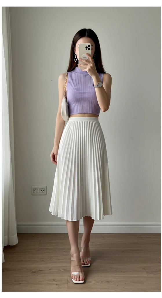High-Neck Crop Top and Pleated Midi Skirt