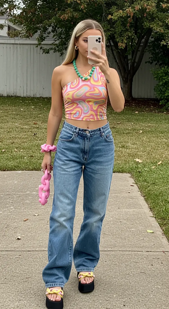 One-Shoulder Top and Baggy Jeans