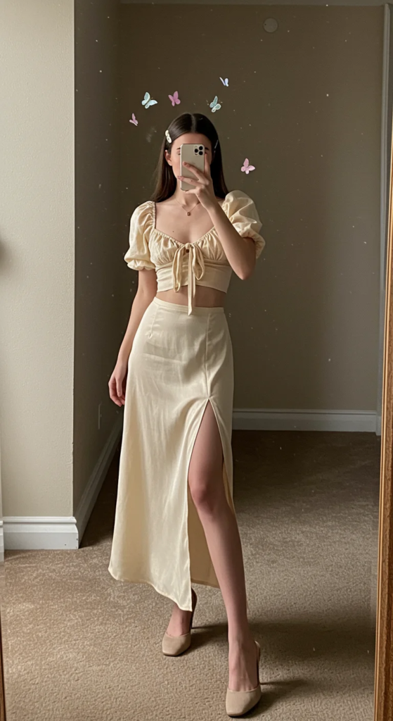 Tie-Front Blouse and Low-Rise Maxi Skirt