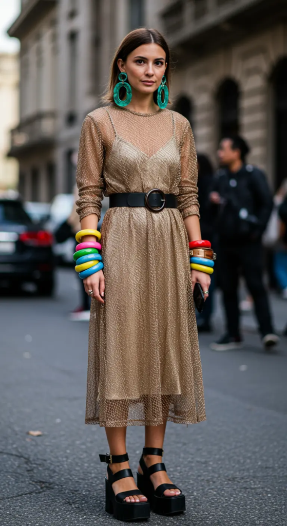 Mesh Layered Dress and Chunky Sandals