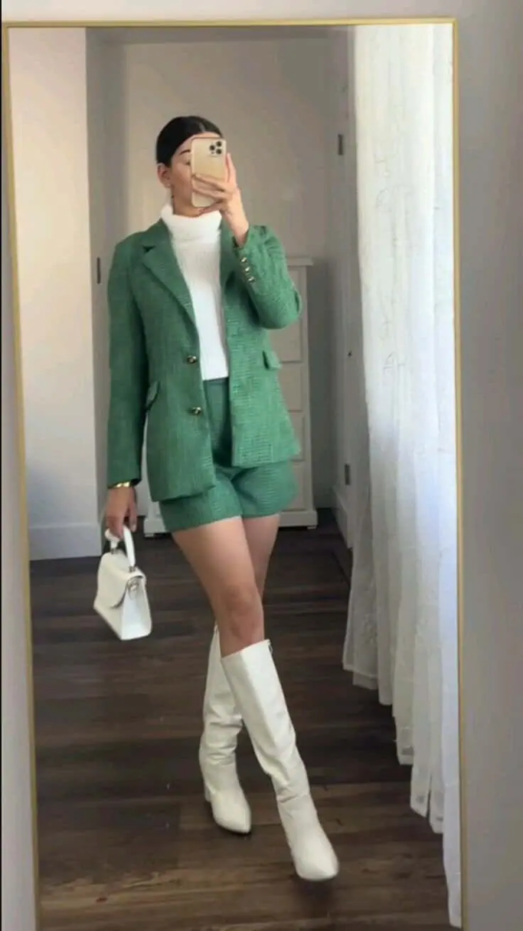 Green Blazer with White Turtleneck and White Knee Boots
