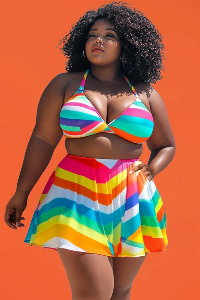  Plus Size Beach Multicolor Striped Two Pieces Swimsuit with Flared Skirt
