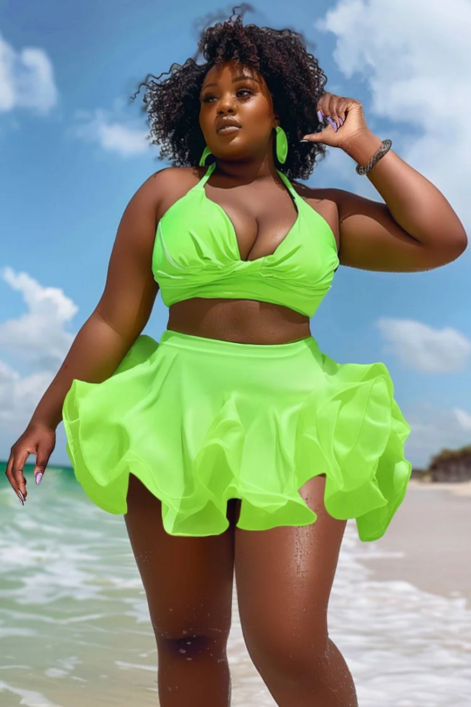 Plus Size Beach Neon Lime Green Ruffle Swimsuit Fabric Two Pieces Swimsuit