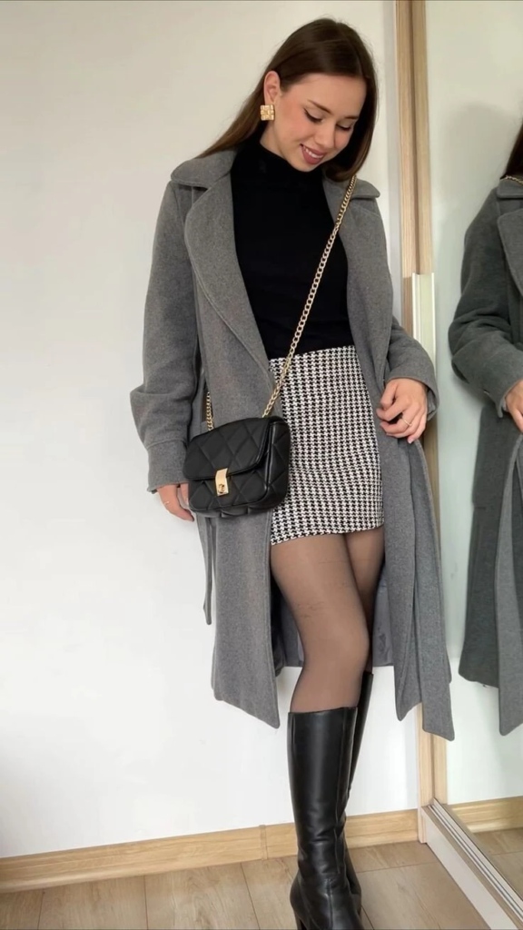Houndstooth Skirt with Grey Wool Coat