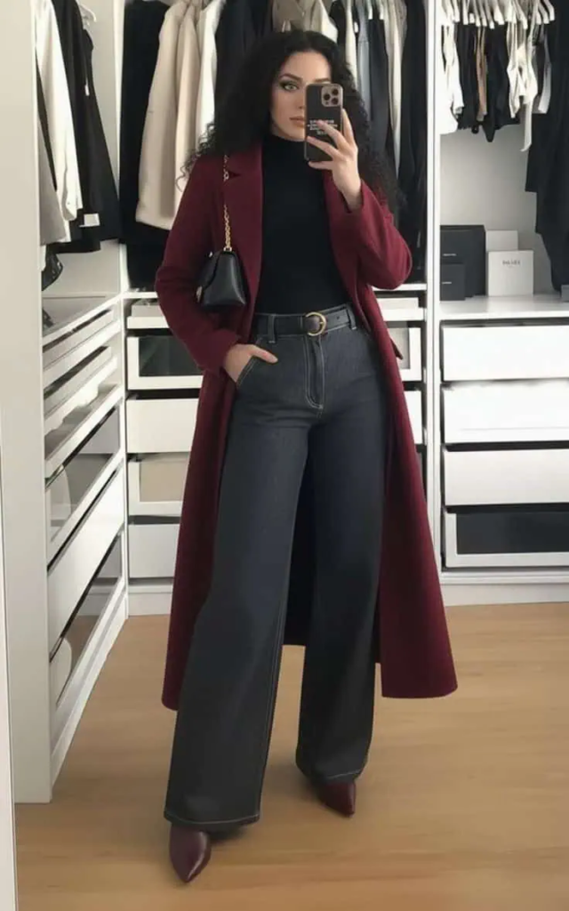 Burgundy Coat with Wide-Leg Denim
