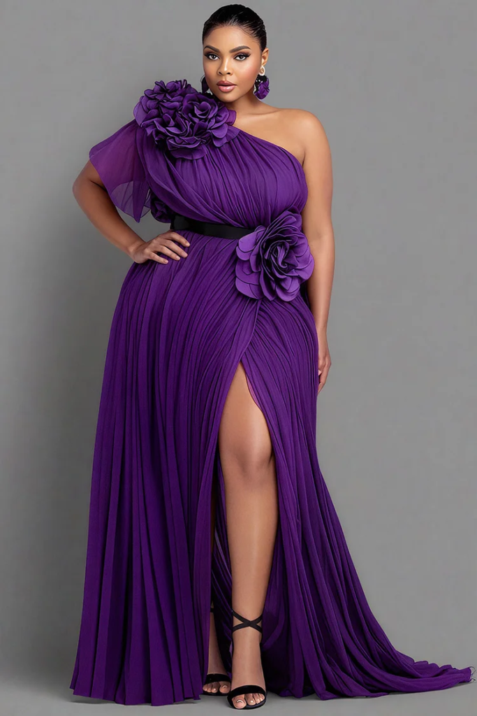 Purple One-Shoulder 3D Floral Pleated Chiffon Maxi Dress