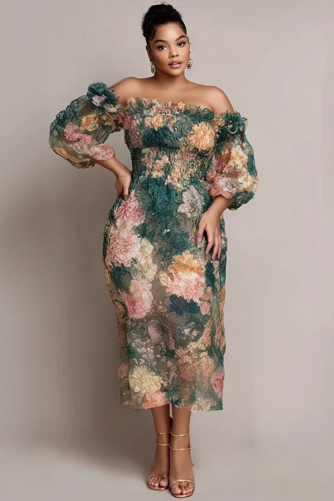 Green Floral Off-The-Shoulder Smocked Chiffon Midi Dress