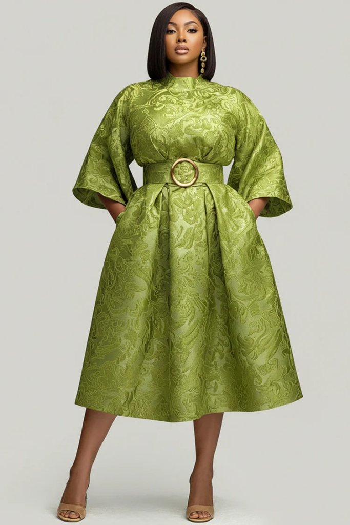  Green Jacquard Round Neck 3/4 Sleeve Belted Pocket Midi Dress