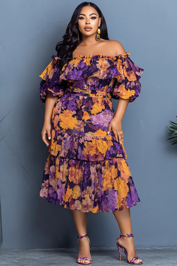 Multicolor Floral Off-The-Shoulder Ruffle Tiered Chiffon Midi Dress