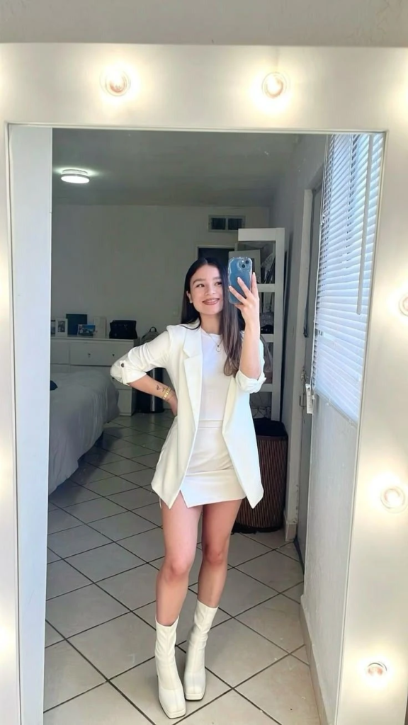 Cream Blazer with White Mini Skirt
