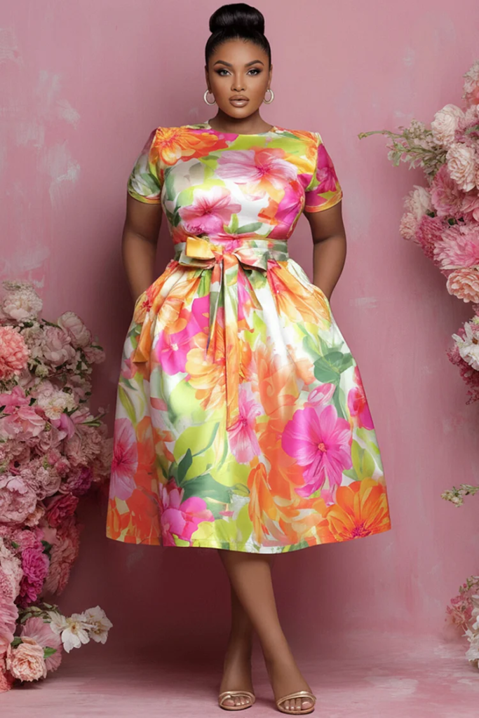Multicolor Floral Round Neck Short Sleeve Bow-Belted Pocket Satin Midi Dress