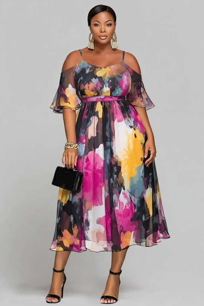 Multicolor Floral V-Neck Cold Shoulder Flutter Sleeve Chiffon Midi Dress
