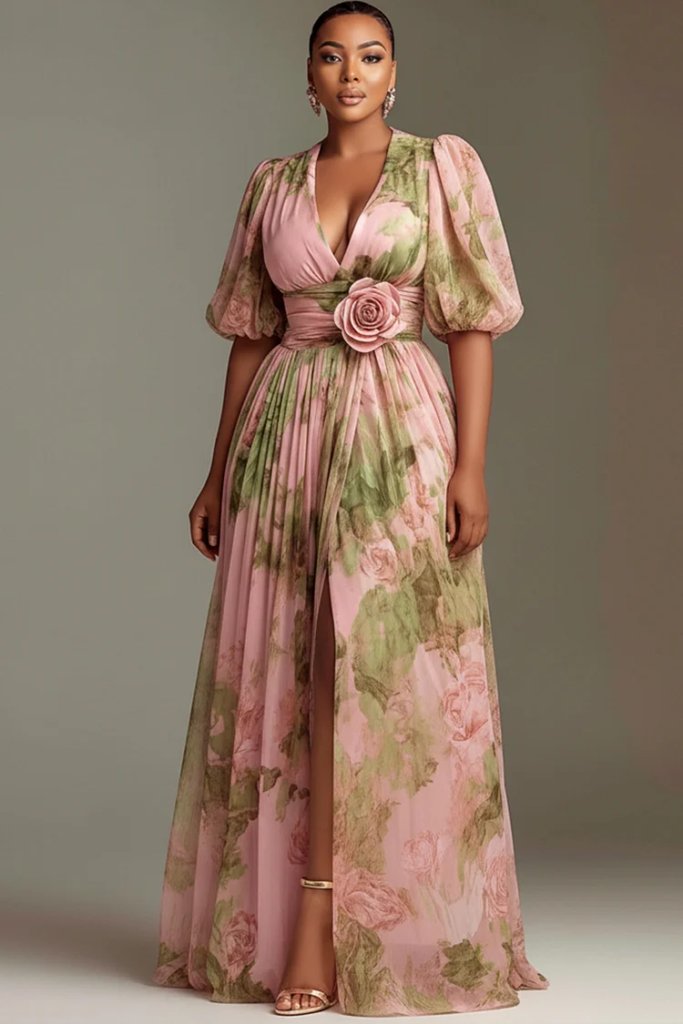 Peach Floral V-Neck Puff Sleeve 3D Rosette Waist Chiffon Maxi Dress