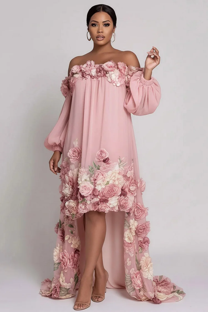 Pink Floral Off-The-Shoulder Long Sleeve High-Low 3D Rose Appliqué Chiffon Dress