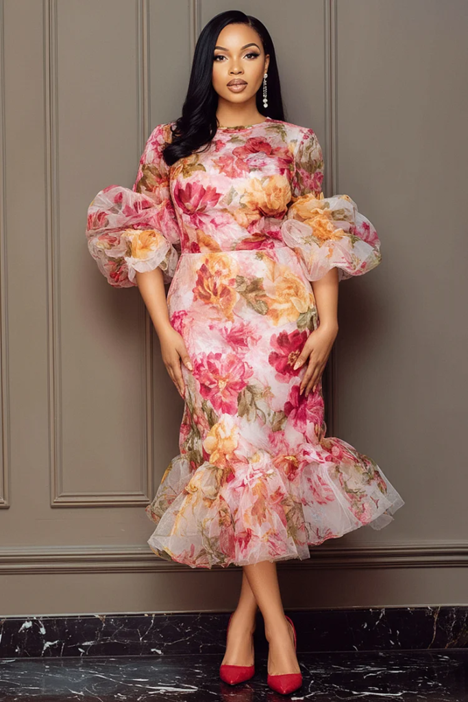 Pink Floral Round Neck Puff Sleeve Mermaid Ruffle Hem Chiffon Midi Dress