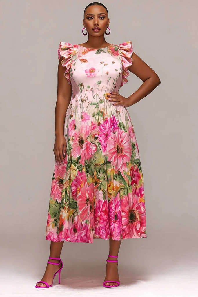 Pink Floral Round Neck Flutter Sleeve Pocket Chiffon Midi Dress