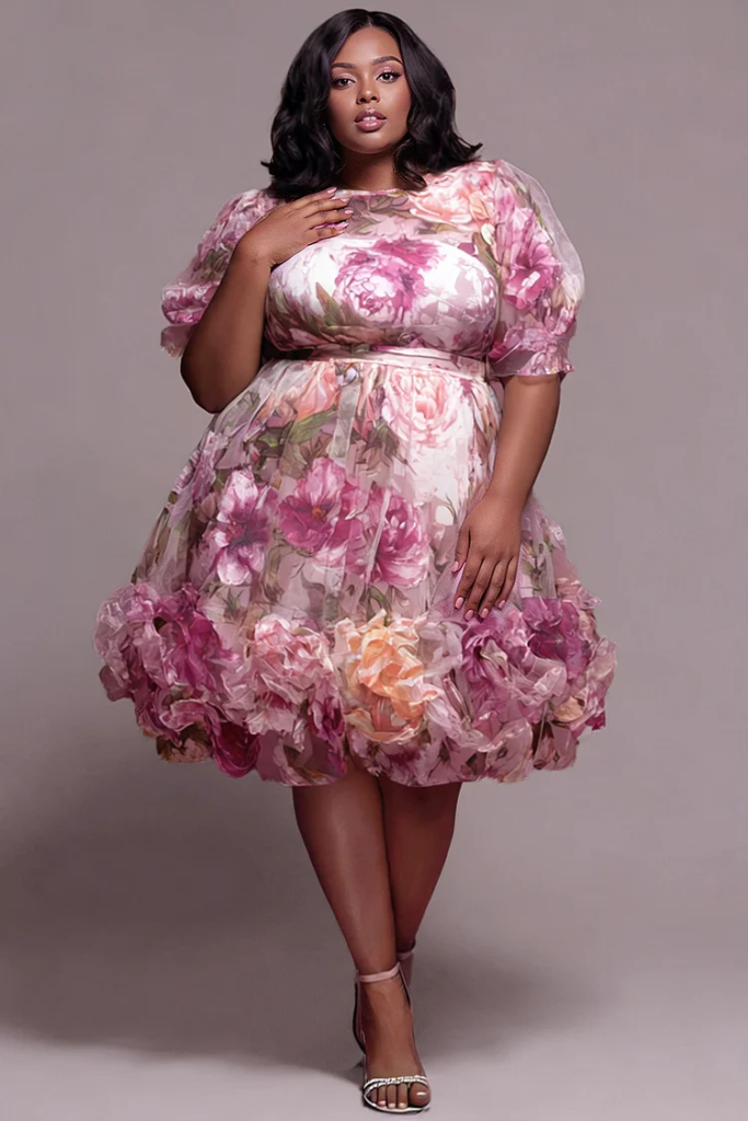  Pink Floral Round Neck Puff Sleeve 3D Tulle Midi Dress