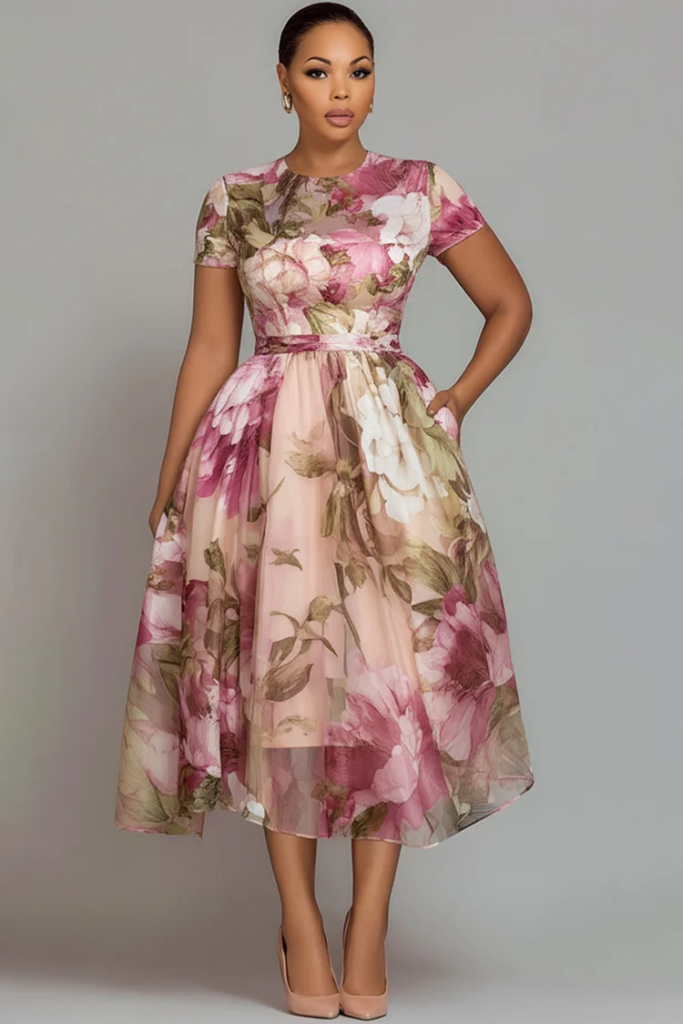 Pink Floral Round Neck Short Sleeve Pocket See-Through Chiffon Midi Dress