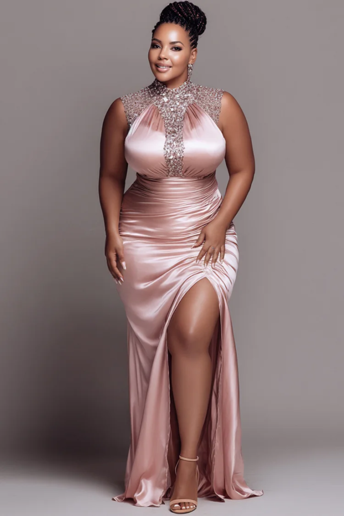 Pink High Neck Sleeveless Crystal Embellished Ruched Bodycon Split Satin Maxi Dress
