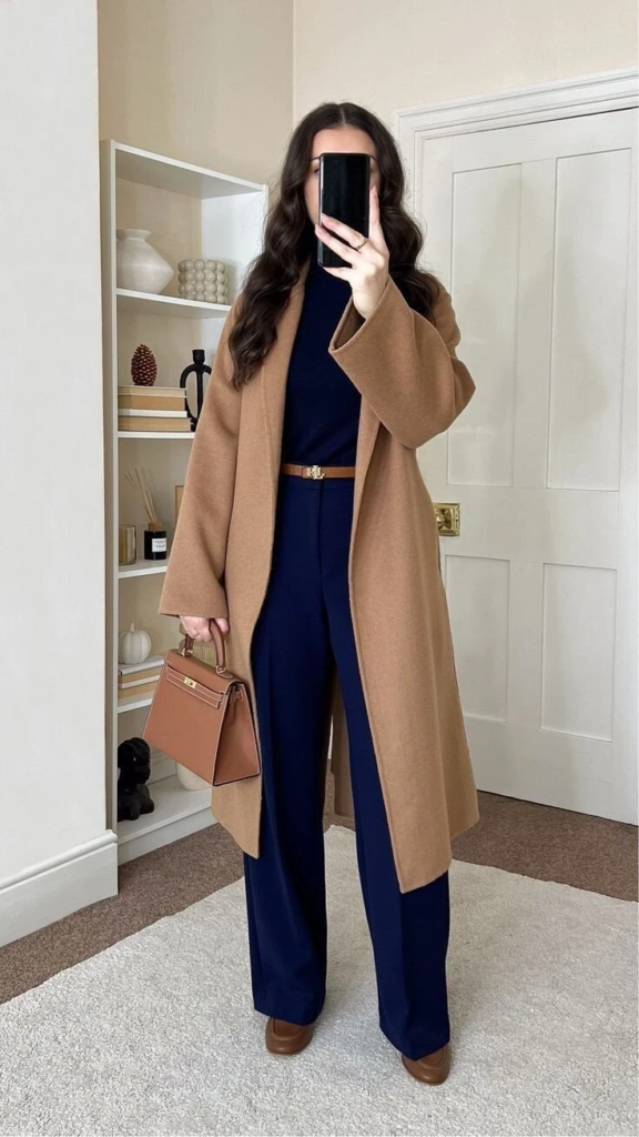 Navy Trousers with Camel Overcoat
