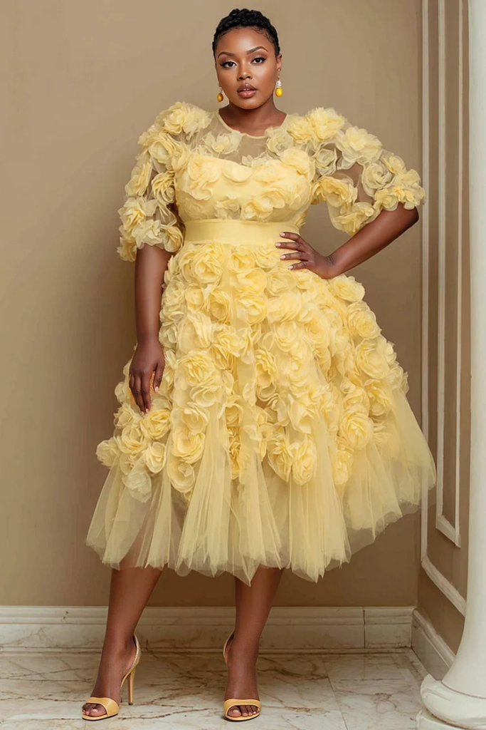  Yellow Round Neck Short Sleeve 3D Rose Appliqué See-Through Tulle Midi Dress
