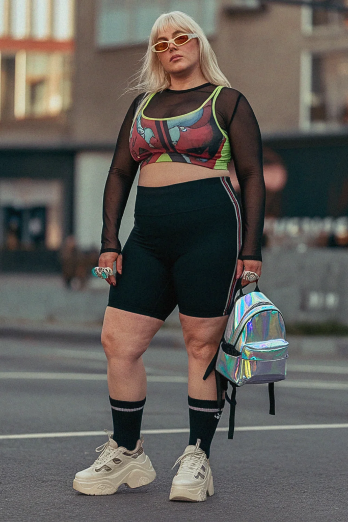 Plus Size Graphic Print Mesh Layered Streetwear Outfit