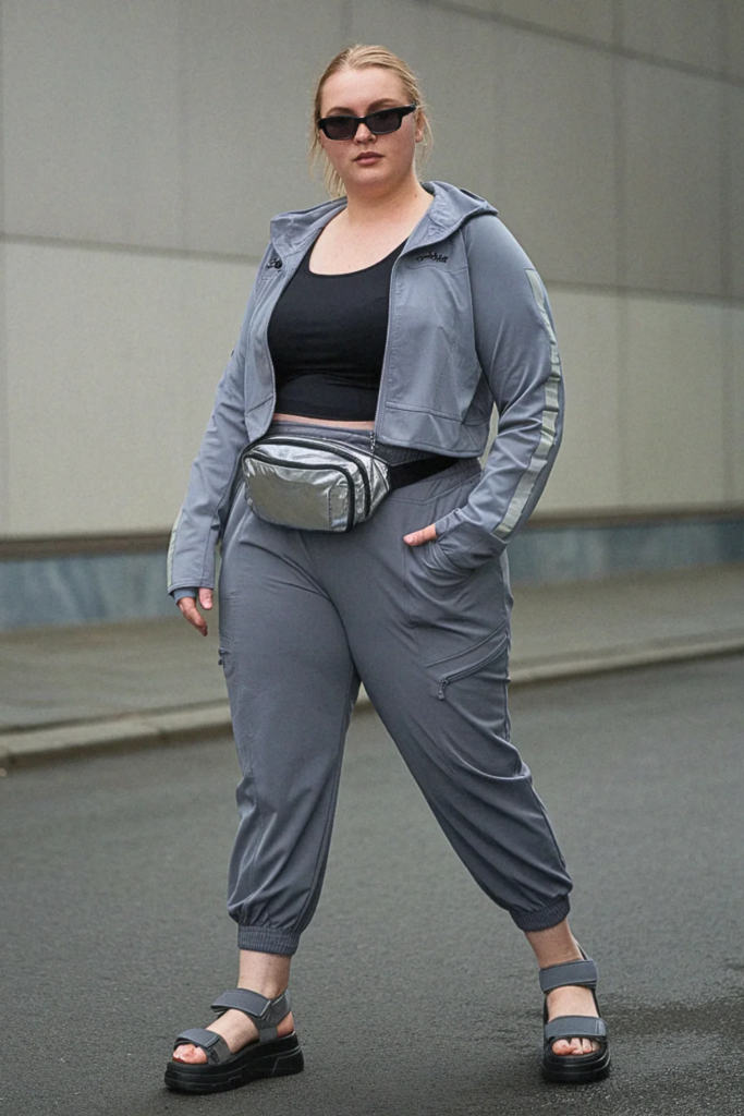  Plus Size Tech Fabric Monochrome Streetwear Outfit
