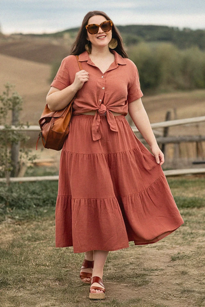 Plus Size Tiered Cotton Midi Skirt Summer Outfit