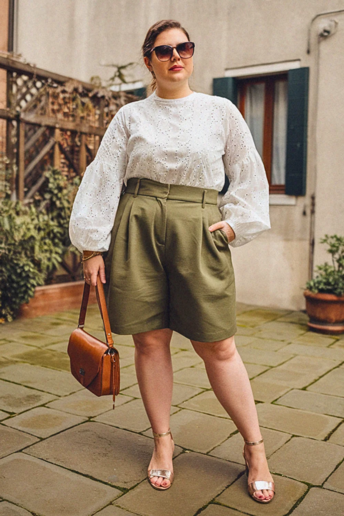 Plus Size Eyelet Cotton Blouse and Shorts Summer Outfit