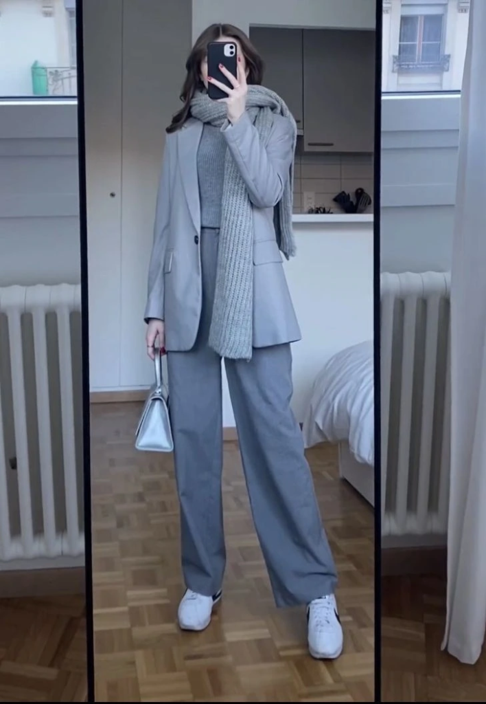 Light Blue Blazer with Wide-Leg Trousers