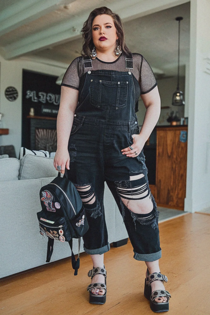Plus Size Edgy Distressed Denim Overall Summer Outfit