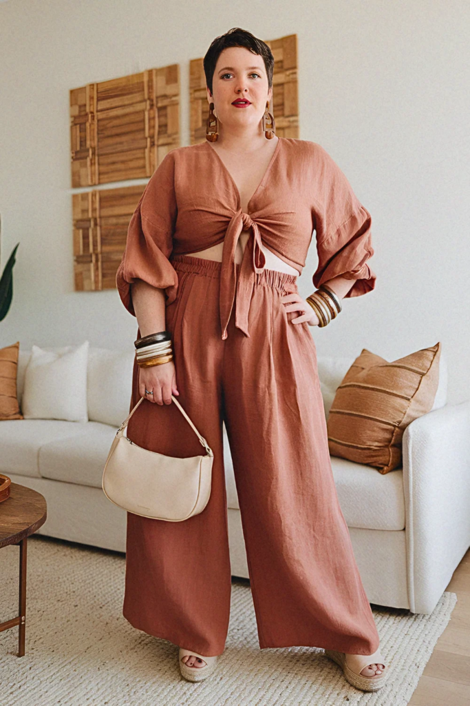Plus Size Classy Tie-Front Coordinate Summer Outfit