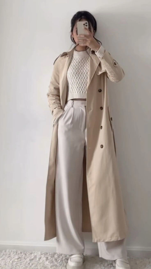 Cream Trench Coat with Cable-Knit Sweater