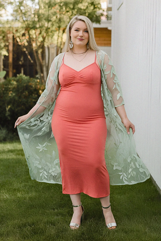 Plus Size Summer Sheer-Overlay Slip Dress Party Outfit