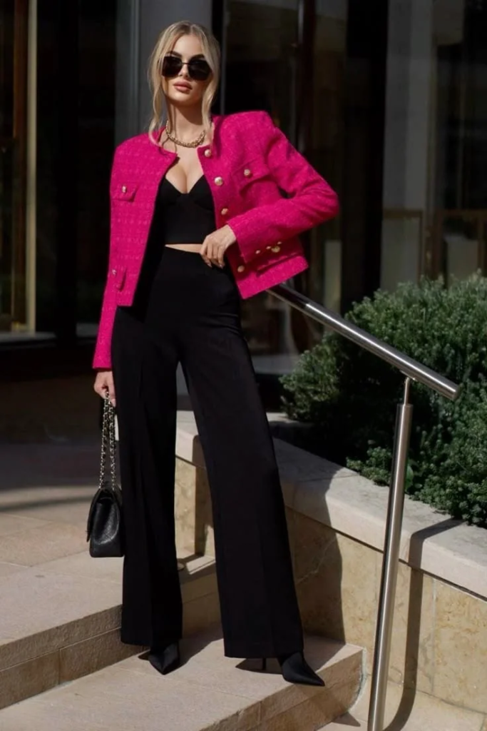 Hot Pink Blazer with Black Tailored Trousers
