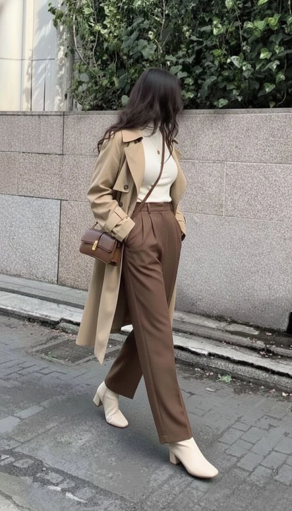Neutral Knit Top with Camel Trench and Brown Trousers