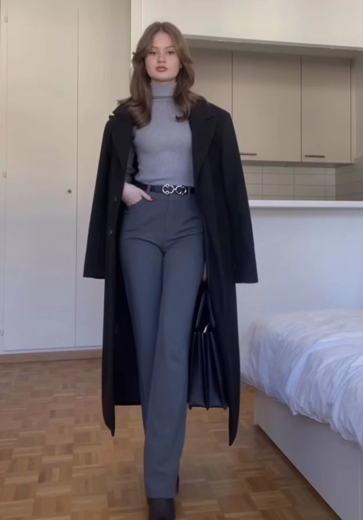 Oversized Black Coat with Periwinkle Turtleneck