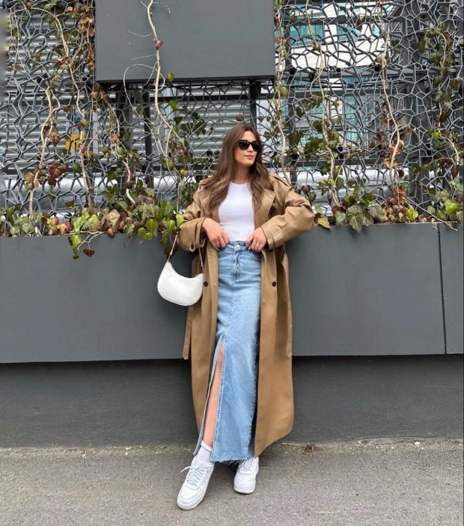 Camel Coat with Denim Midi Skirt