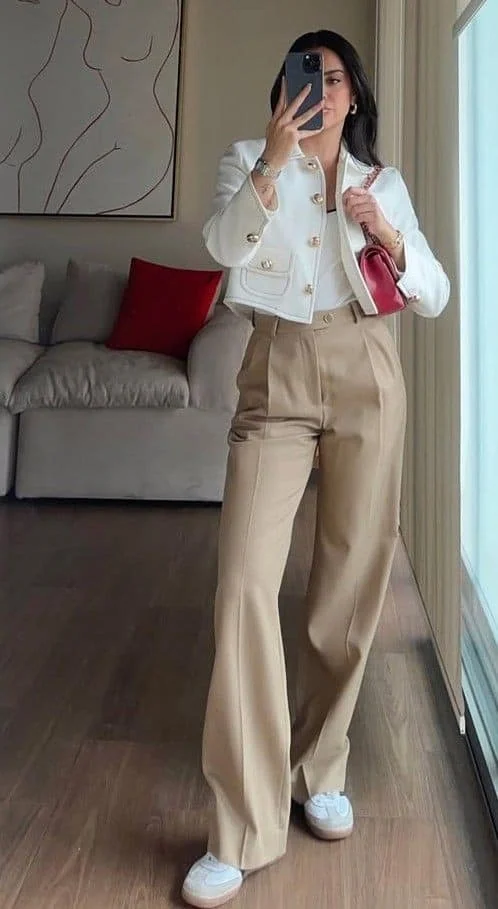 Cream Blazer with Tailored Neutral Trousers

